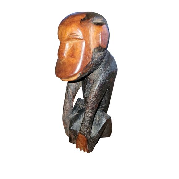 African Folk Art Baboon Statue Carved Wood Monkey Sculpture 7 1/4" Primitive Ape - Picture 3 of 6